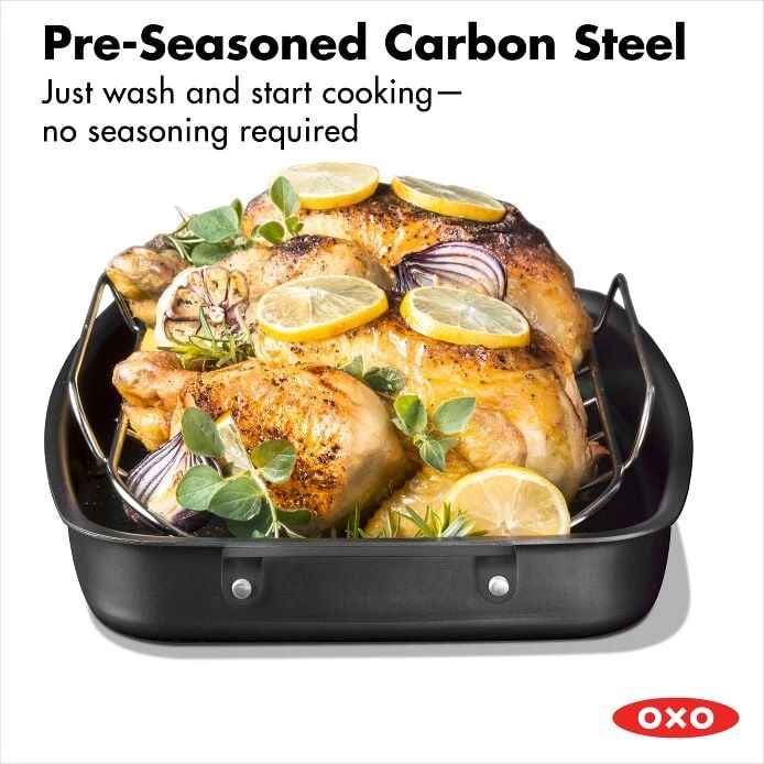 OXO Obsidian Carbon Steel Roaster With Rack 2 OXO Obsidian Carbon Steel Roaster With Rack - Image 2